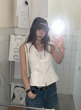 Halo Luu法式绝美白色蕾丝背心上衣女夏季无袖衬衫独特设计感小衫