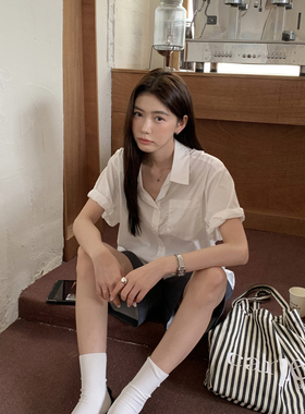 Halo Luu白色衬衫女夏季韩系休闲上衣宽松慵懒风薄款纯棉短袖衬衣