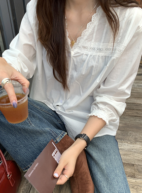 Halo Luu 白色衬衫女春季法式小衫蕾丝上衣绝美v领设计感长袖衬衣