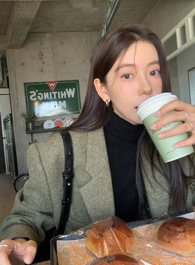 Halo Luu 韩系复古人字纹毛呢西装外套女秋冬新款加厚羊毛高级感