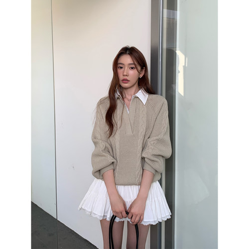 HaloLuu米白V领假两件毛衣女