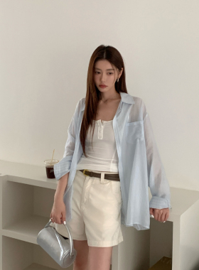 Halo Luu蓝色条纹天丝防晒衬衫女夏季薄款宽松上衣慵懒风长袖衬衣