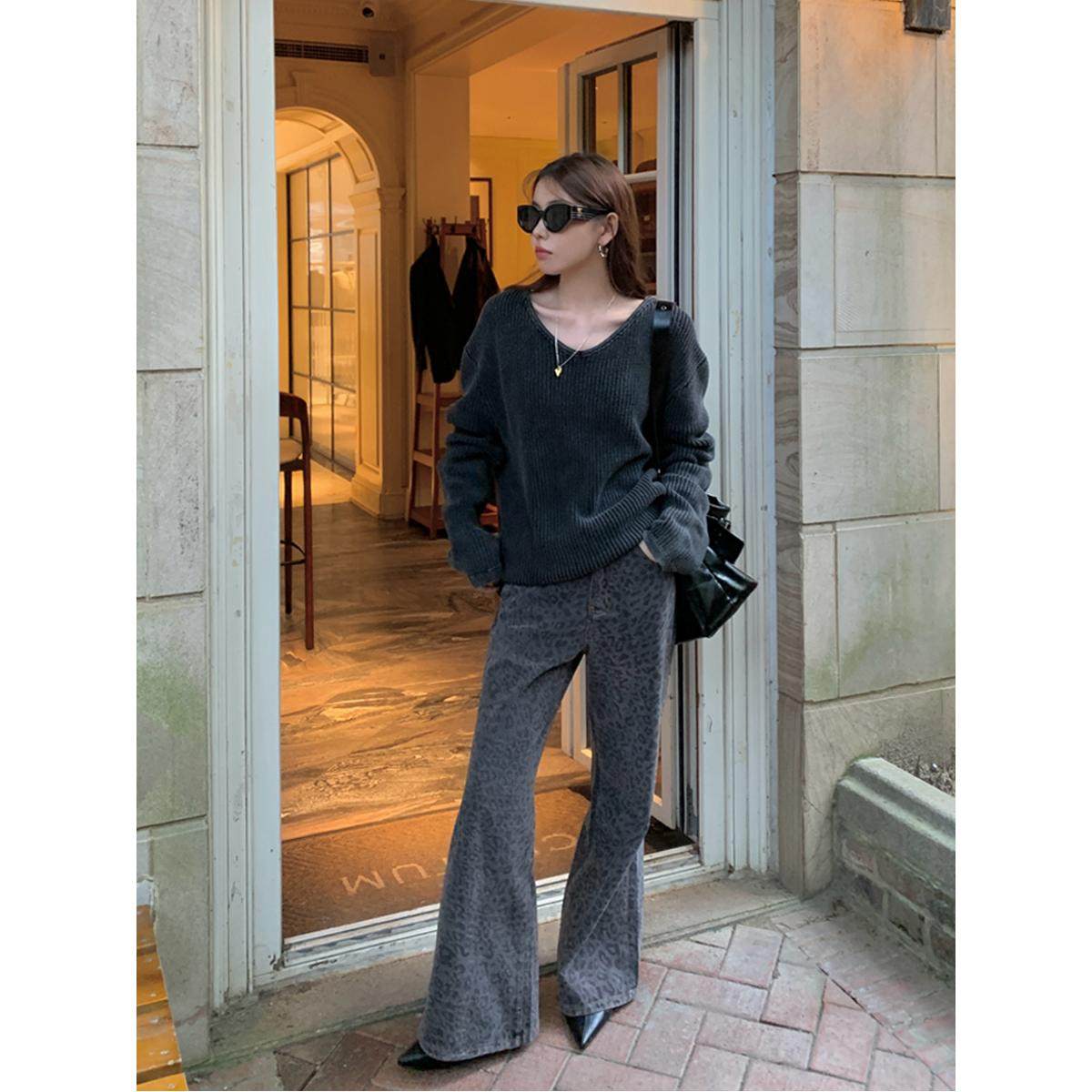 Halo Luu灰调豹纹阔腿牛仔裤女秋冬美式复古设计感高腰显瘦微喇裤,女装/女士精品,牛仔裤,淘宝优惠券,粉丝福利购,淘宝优惠卷