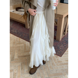 不规则长款 Halo 新款 米白色荷叶边半身裙女春季 千层蛋糕裙 Luu