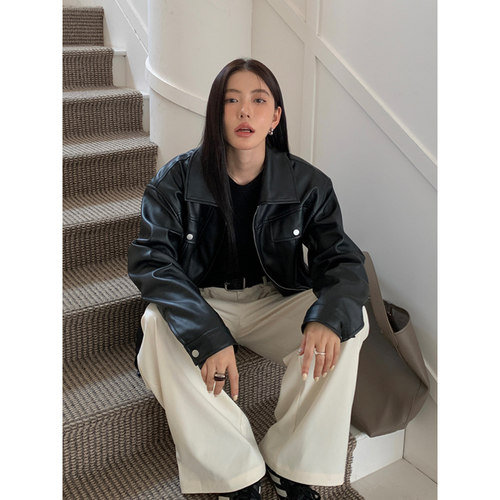 HaloLuu美式复古黑色皮衣夹克
