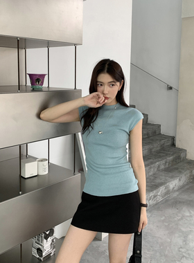 Halo Luu 蓝色针织短袖t恤女夏季新款圆领修身显瘦小飞袖短款上衣