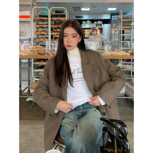 外套女春季 人字纹毛呢西装 韩系休闲棕色高级感羊毛西服 Luu Halo