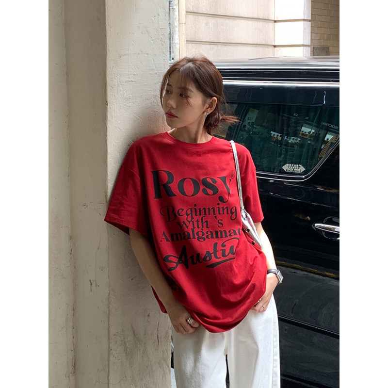 Halo Luu 字母印花红色短袖t恤女2026夏季新款美式宽松圆领上衣图片