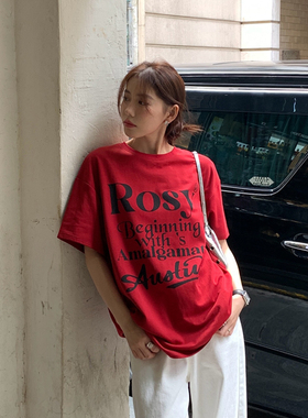 Halo Luu 字母印花红色短袖t恤女2025夏季新款美式宽松圆领上衣