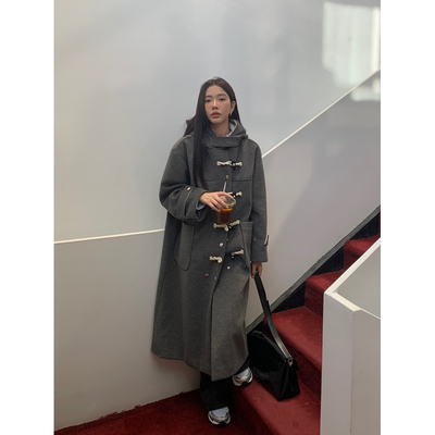 HaloLuu灰色牛角扣大衣连帽加厚