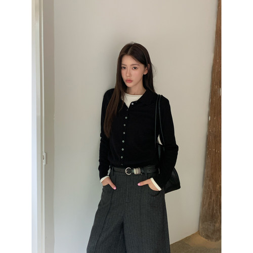 HaloLuu黑色polo领针织衫女