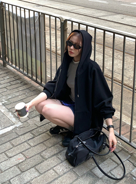 Halo Luu连帽拉链卫衣外套黑色开衫女春季新款韩系宽松慵懒风上衣