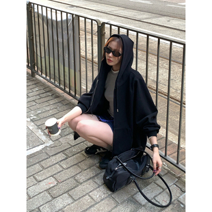 新款 女春季 韩系宽松慵懒风上衣 Luu连帽拉链卫衣外套黑色开衫 Halo