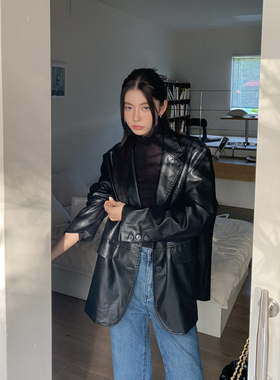 Halo Luu复古黑色皮衣外套女西装秋冬加绒加厚韩版休闲宽松高级感