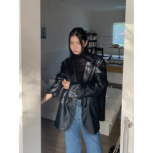 HaloLuu黑色皮衣外套西装高级感