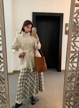 Halo Luu 黑白格纹裙女早春新款a字裙显瘦极简格子中长款半身裙