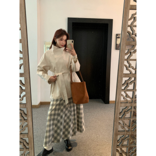 a字裙显瘦极简格子中长款 Halo 新款 黑白格纹裙女春季 半身裙 Luu