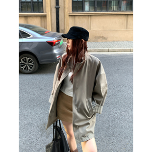 Halo Luu 廓形卡其绿风衣女春季新款韩系立领短款格子双面穿外套