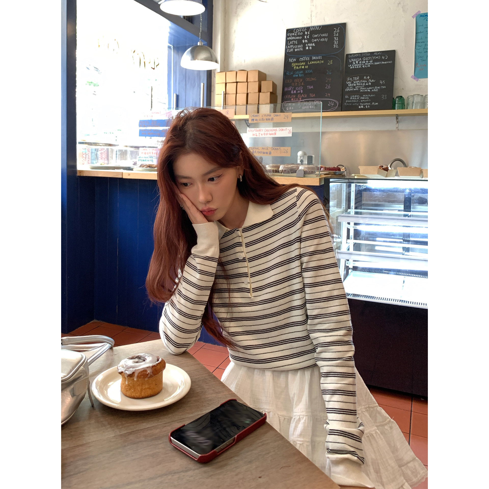 Halo Luu miu系条纹polo衫女春季新款黑白撞色正肩短款长袖上衣