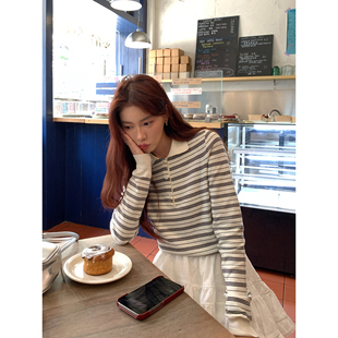Halo Luu 黑白条纹撞色polo衫女春季新款长袖设计感t恤短款上衣