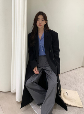 Halo Luu黑色风衣外套女春秋韩版宽松长款垫肩高级感廓形西装大衣