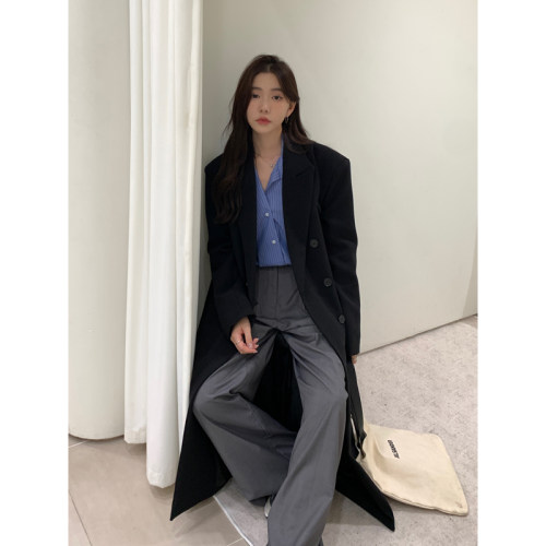 Halo Luu黑色风衣外套女春季韩系宽松长款垫肩高级感廓形西装大衣