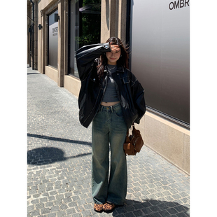 水洗做旧高腰显瘦直筒裤 Halo 休闲裤 女春季 Luu复古蓝色阔腿牛仔裤