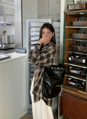 Halo Luu咖色格子衬衫女春季韩系上衣宽松慵懒风复古外套长袖衬衣