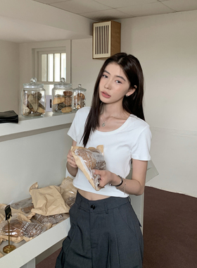 Halo Luu 百搭弹力显瘦辣妹短款上衣白色正肩短袖大圆领t恤女夏季