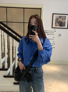 Halo Luu法式蓝色衬衫女春季上衣宽松休闲纯棉设计高级感长袖衬衣