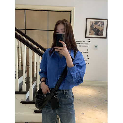 HaloLuu蓝色衬衫纯棉高级感衬衣