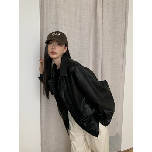 HaloLuu黑色皮衣外套机车皮夹克