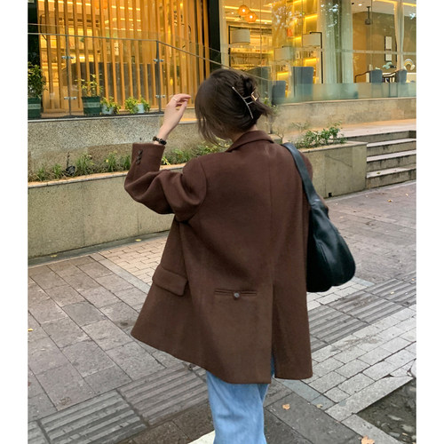 HaloLuu棕色毛呢西装外套高级感