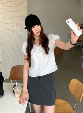 Halo Luu法式娃娃衫白色泡泡袖短上衣女夏韩系短袖衬衫设计感小衫