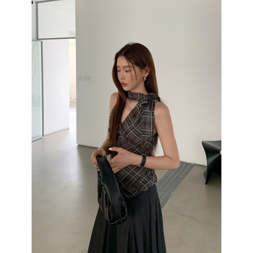 HaloLuu棕色格子v领挂脖上衣女