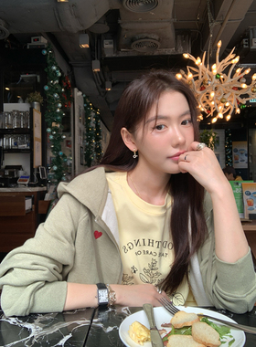 Halo Luu刺绣爱心连帽卫衣外套绿色开衫女早春韩系休闲宽松慵懒风