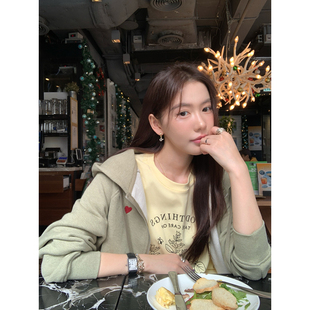 Halo 女早春韩系休闲宽松慵懒风 Luu刺绣爱心连帽卫衣外套绿色开衫