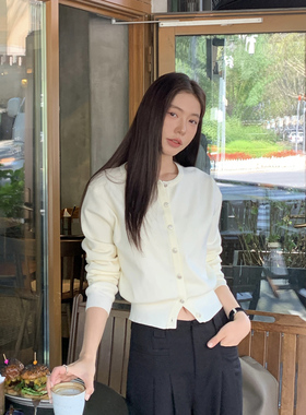 Halo Luu白色针织开衫外套女秋季新款收腰设计感修身气质短款上衣