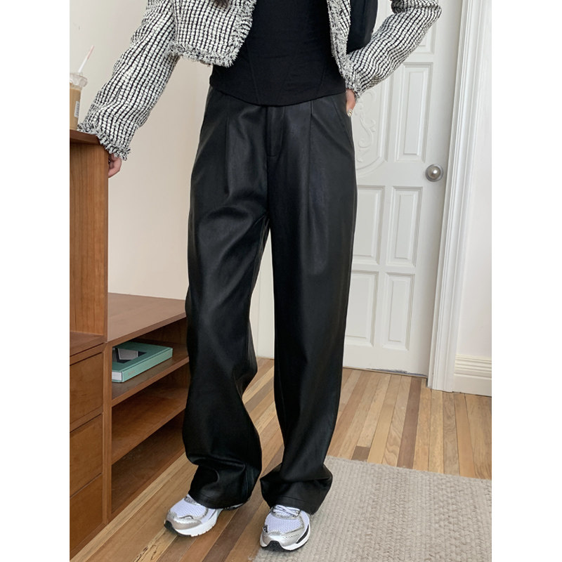 Halo Luu黑色皮裤女秋冬2025新款直筒裤子高级感pu皮阔腿拖地长裤