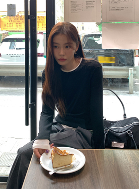 Halo Luu黑白拼色假两件打底衫女秋季韩系修身圆领内搭针织衫上衣