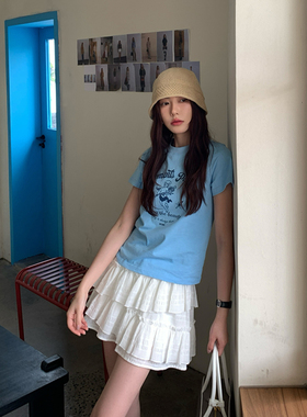 Halo Luu 蓝色短袖正肩t恤女夏季新款绝美设计感修身显瘦短款上衣