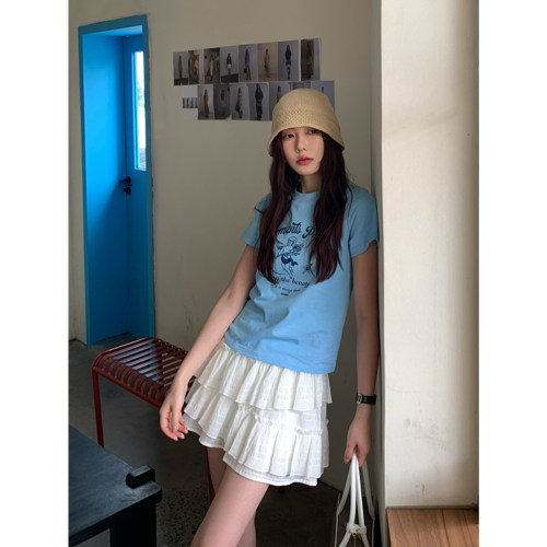 Halo Luu 蓝色短袖正肩t恤女夏季新款绝美设计感修身显瘦短款上衣