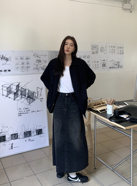 Halo Luu 复古黑色牛仔裙女初春水洗休闲显瘦长裙设计感a字半身裙