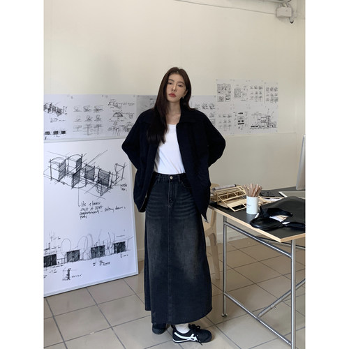 HaloLuu黑灰色休闲牛仔半身裙