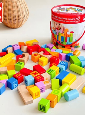 Hape80粒积木玩具新款拼装益智桶装婴儿宝宝1-2周岁可啃咬大颗粒