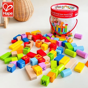 婴儿宝宝1 益智桶装 2周岁可啃咬大颗粒 拼装 Hape80粒积木玩具新款