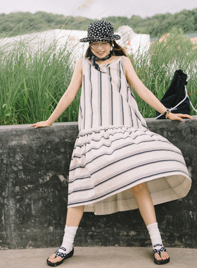 NORTHAGE夏季法式复古度假亚麻居家宽松休闲条纹无袖口袋连衣裙女
