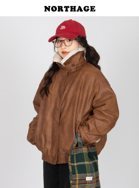 Northage2023冬季御寒加厚通勤咖色黑色宽松羊羔毛毛领皮衣外套女
