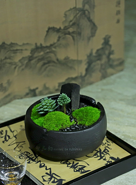 新中式禅意永生苔藓白发藓碳化木花器盆景样板间客厅书房茶几摆件