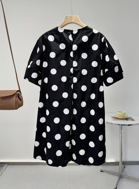 VK宽松遮肉显瘦波点甜美短袖100%棉舒适透气中长款连衣裙N2307
